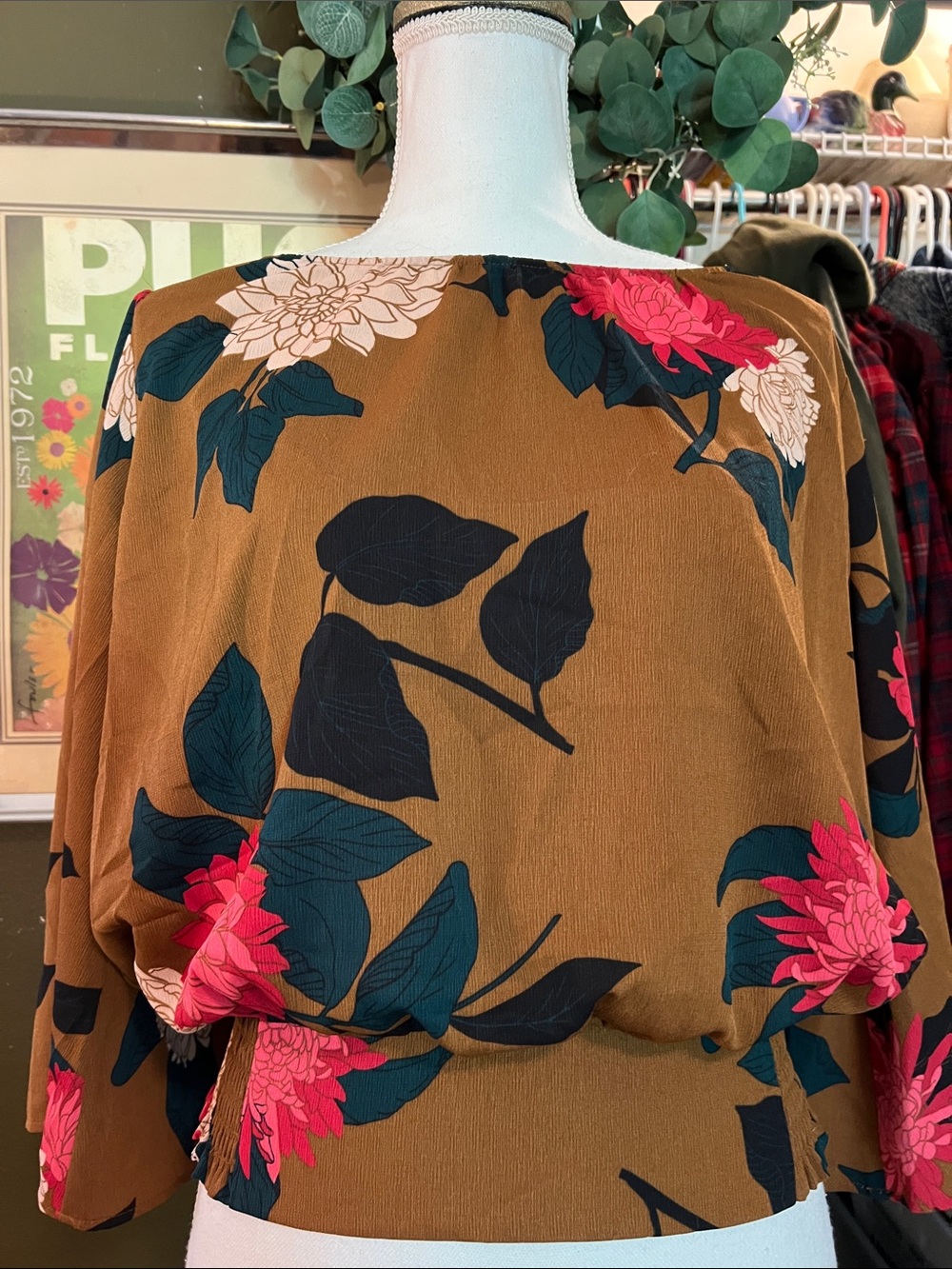 Ann Taylor Brown Floral Blouson Top with Pink Accents